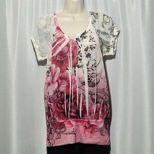 Maurices Pink & White Floral Short Sleeve Top (M)